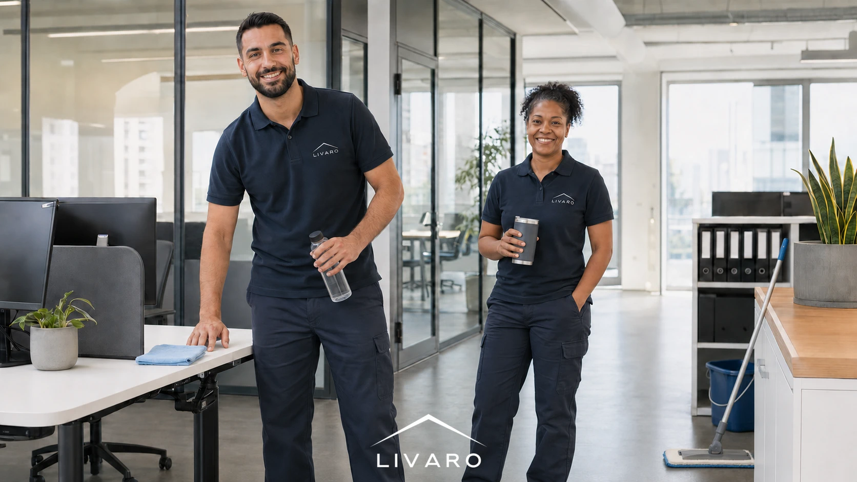 Zwei Livaro Mitarbeitende in einem gepflegten Büro