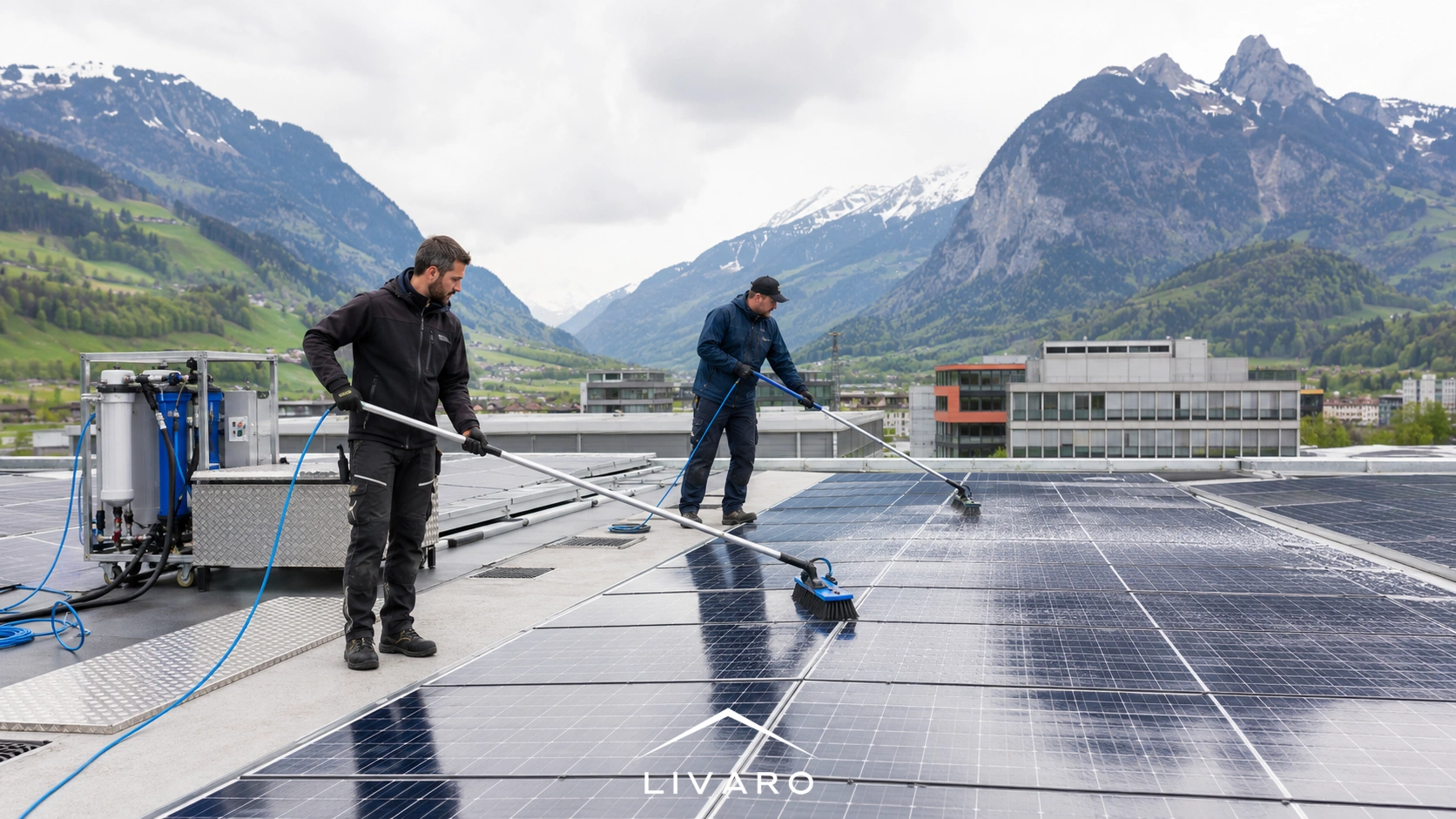 Livaro Team bei der professionellen Reinigung einer gewerblichen PV-Anlage