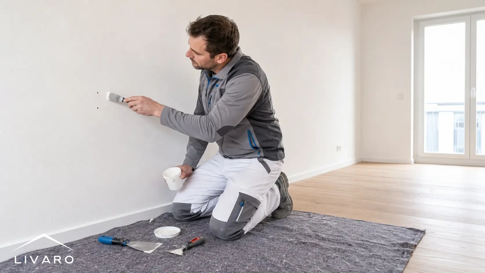 Handwerker verspachtelt Bohrlöcher an einer weissen Wand bei einer Wohnungsabgabe