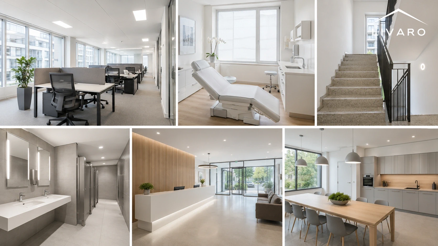 Collage gepflegter Gewerbeflächen: Büro, Praxis, Treppenhaus, Sanitäranlagen, Empfang und Pausenraum