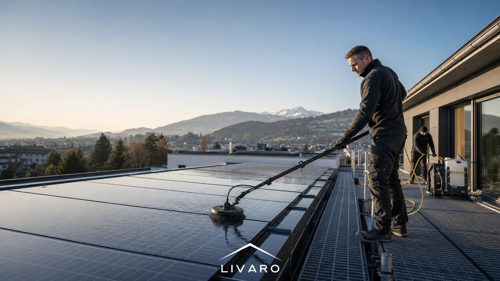 Livaro Mitarbeiter bei der Photovoltaikreinigung