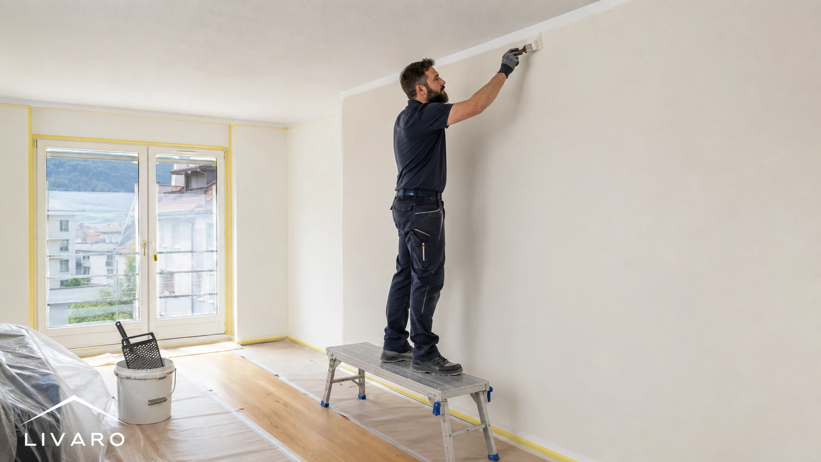 Vorbereiteter Raum mit abgedecktem Boden für Malerarbeiten