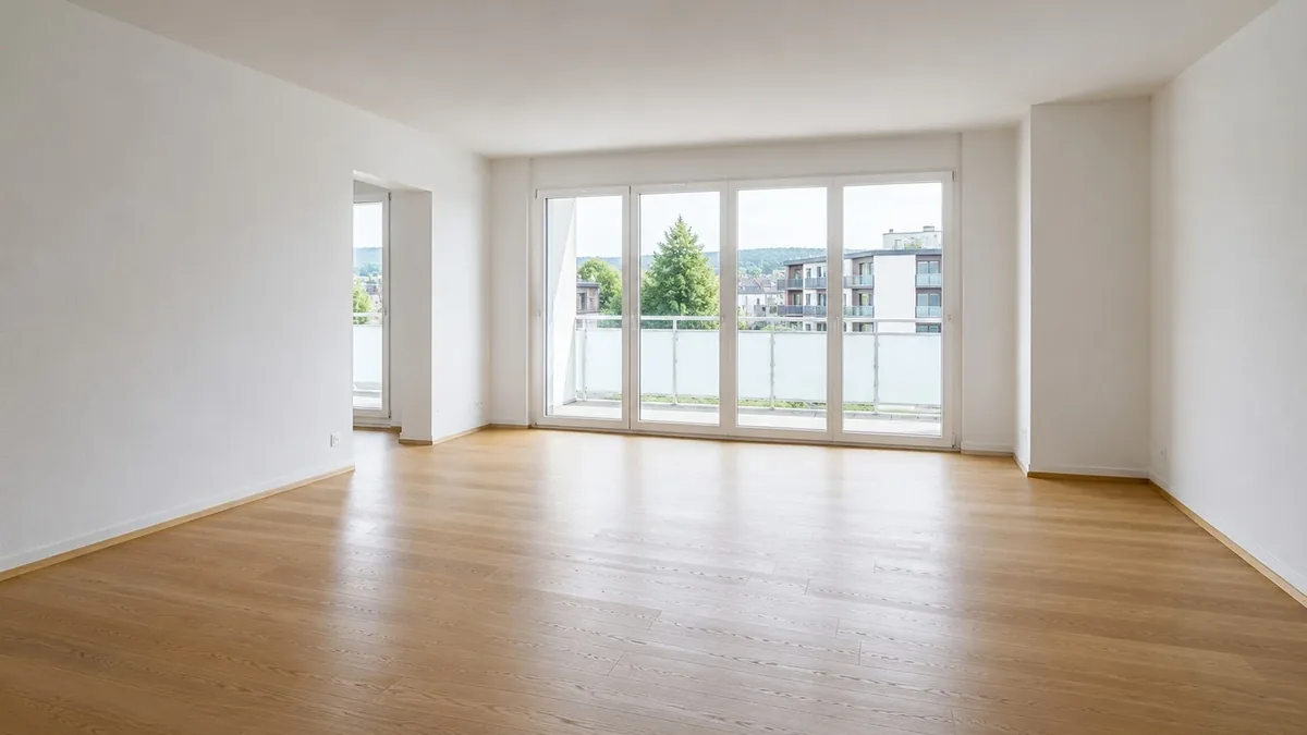 Leeres Wohnzimmer mit gereinigtem Boden und geputzten Fenstern