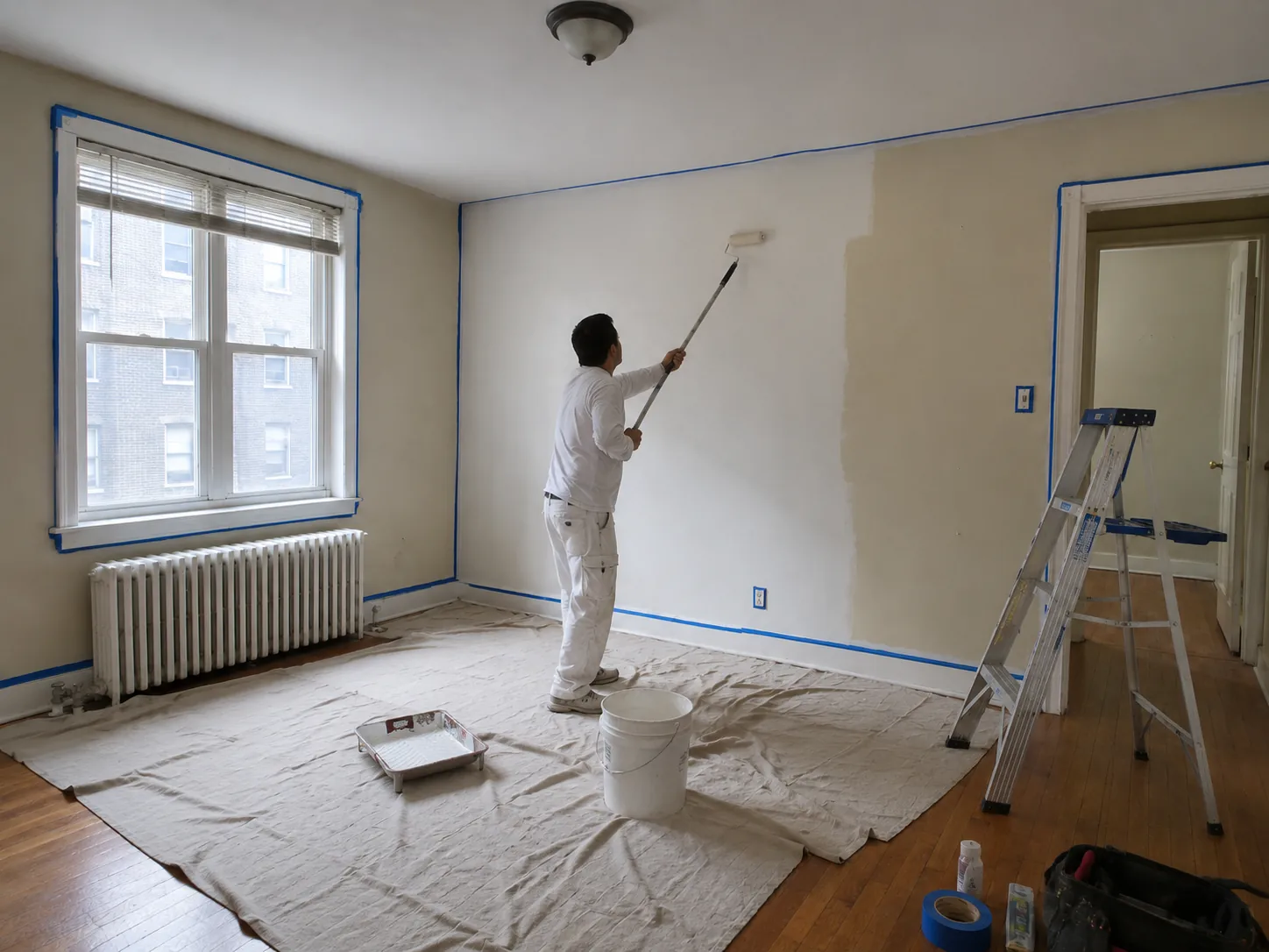 Maler streicht die Wand, Boden und Kanten sind abgedeckt