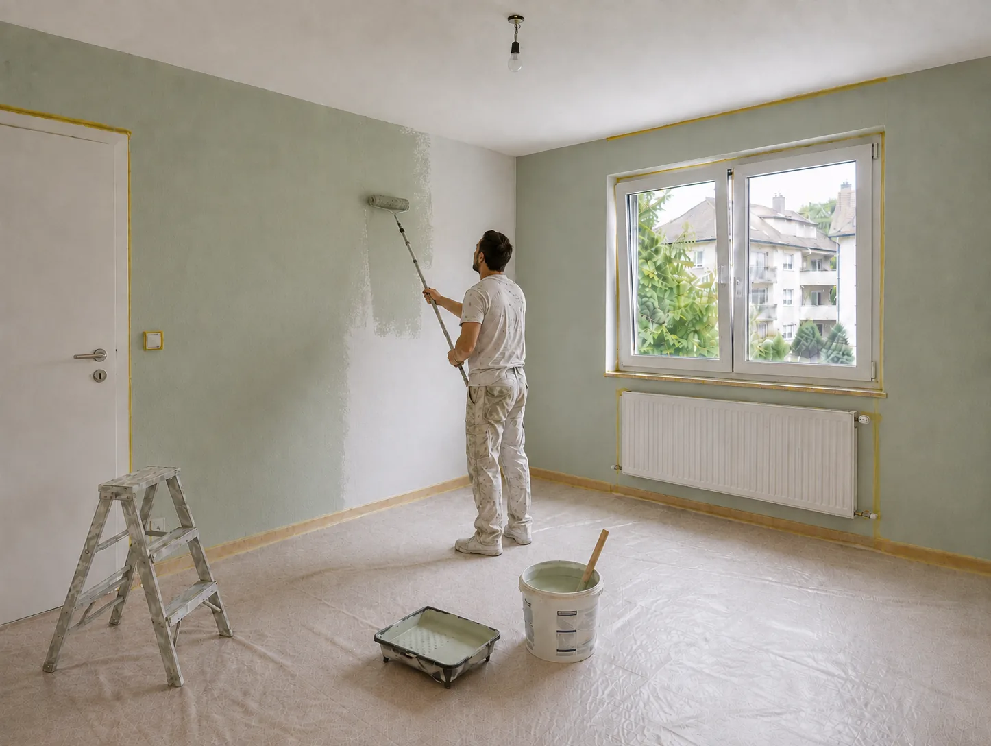 Maler rollt Farbe an der Wand, Boden und Fensterrahmen abgedeckt